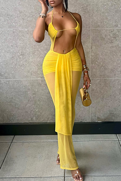 Open Stomach Long Skirt Halter Jumpsuit
