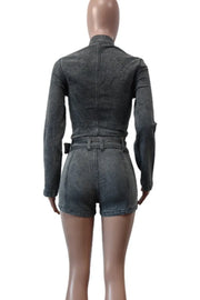 Dark Grey Jean Two Piece Set Long Sleeve with Belt and Zipper
