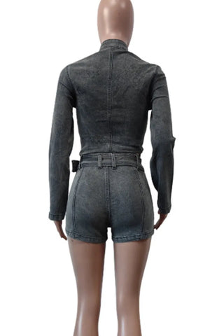 Dark Grey Jean Two Piece Set Long Sleeve with Belt and Zipper