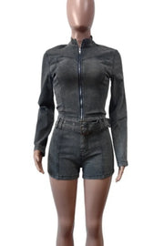 Dark Grey Jean Two Piece Set Long Sleeve with Belt and Zipper