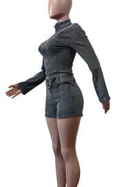 Dark Grey Jean Two Piece Set Long Sleeve with Belt and Zipper