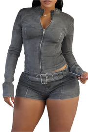 Dark Grey Jean Two Piece Set Long Sleeve with Belt and Zipper