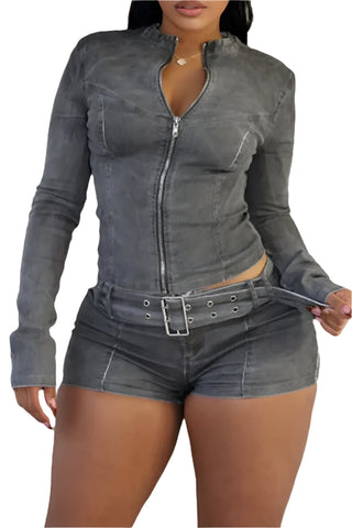 Dark Grey Jean Two Piece Set Long Sleeve with Belt and Zipper