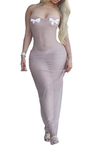 Baby Pink See-Through Bow Strapless Long Dresses
