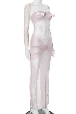 Baby Pink See-Through Bow Strapless Long Dresses