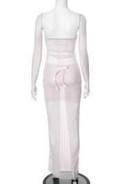 Baby Pink See-Through Bow Strapless Long Dresses