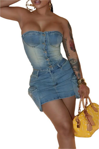 Solid Jean Color Pocket Buckle Zipper Strapless Sleeveless Two Pieces Tube Top