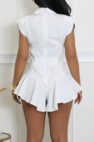 Hot Solid Color Belted Turndown Collar Flowy Rompers