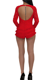 U-Neck Lace Long Sleeve Open Back Hollow Out Romper