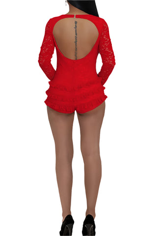 U-Neck Lace Long Sleeve Open Back Hollow Out Romper