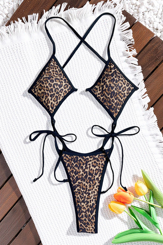 Sexy Leopard Print Hollow Out Strap Design Swimwears Open Stomach