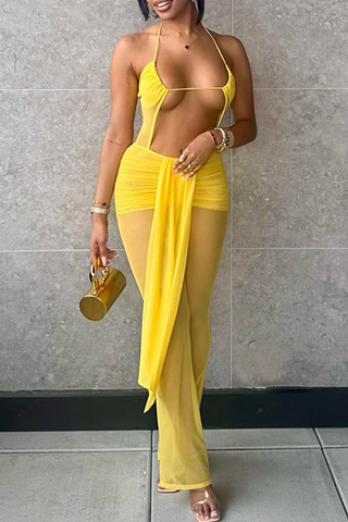 Open Stomach Long Skirt Halter Jumpsuit