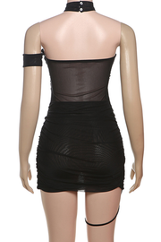 Black Sexy Solid Color Ruched Asymmetrical Collar Wrapped Mesh Dress