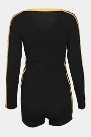 Casual Print Draw String Patchwork Contrast V Neck Long Sleeve Two Pieces