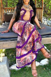 Elegant Print Hollowed Out Patchwork See-through High Opening Mesh Spaghetti Strap Sling Dresses