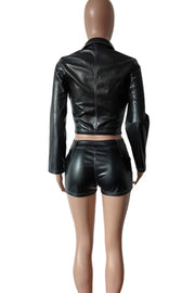 Black Casual Solid Color Buttons Patchwork Zipper Zipper Collar Long Sleeve Two Pieces