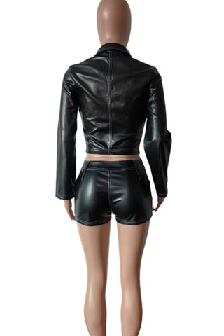 Black Casual Solid Color Buttons Patchwork Zipper Zipper Collar Long Sleeve Two Pieces