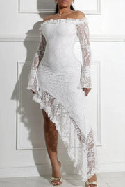 Lace Ruffled Trim Off Shoulder Irregular Dresses