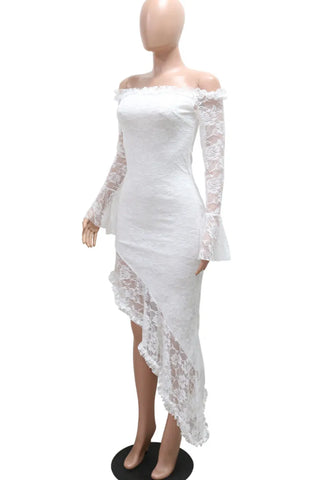 Lace Ruffled Trim Off Shoulder Irregular Dresses