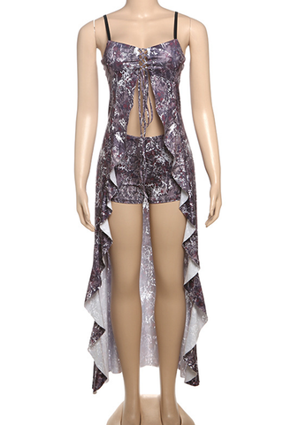 Flowin' In the Breeze Purple Sexy Print Design Spaghetti Strap Sleeveless Two Pieces