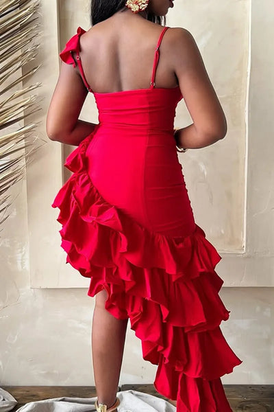 Ruffled Trim Flowy Hem Spaghetti Strap Dress
