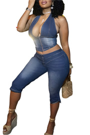Jean Blue Casual Backless Zipper Halter Sleeveless Capri Two Pieces