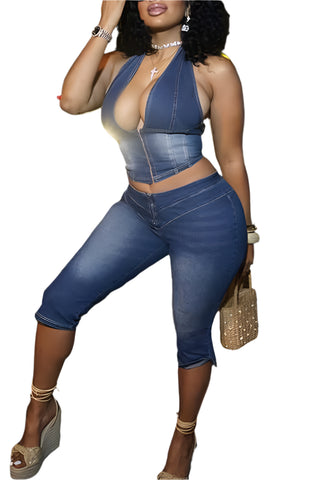 Jean Blue Casual Backless Zipper Halter Sleeveless Capri Two Pieces