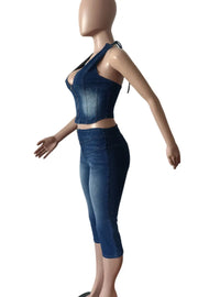 Jean Blue Casual Backless Zipper Halter Sleeveless Capri Two Pieces