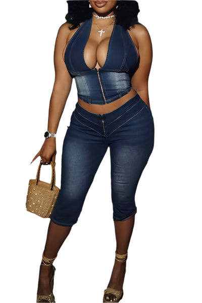 Jean Blue Casual Backless Zipper Halter Sleeveless Capri Two Pieces