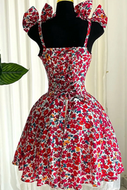 Flower Print Bow Decor Spaghetti Strap Printed Spring/Summer Dress