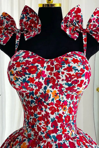 Flower Print Bow Decor Spaghetti Strap Printed Spring/Summer Dress