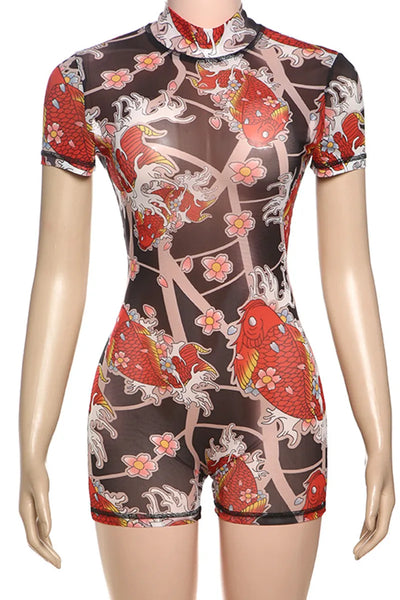 Romper Red Fish O-Neck Open Back