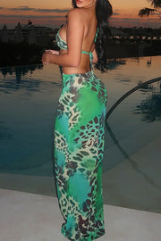 Lime Green Long Cheetah Print Beach Vibes Dress
