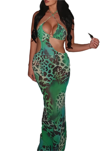 Lime Green Long Cheetah Print Beach Vibes Dress