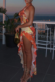 Orange Halter Flowy Hollow out Middle Long Dress