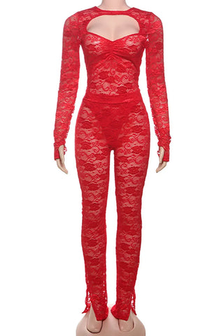 BOLD Lace Jumpsuit Two Piece Long Sleeve Red