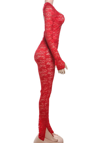 BOLD Lace Jumpsuit Two Piece Long Sleeve Red