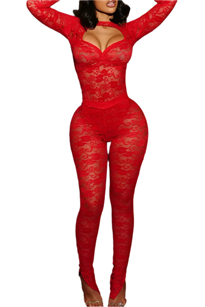 BOLD Lace Jumpsuit Two Piece Long Sleeve Red