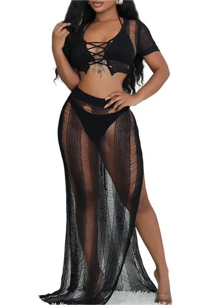 Short Sleeve Long Skirt Hollow Out Two Piece