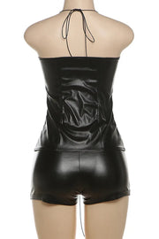Black Solid Color Hollow Out Patchwork Backless Cross Straps Halter Sleeveless Two Pieces