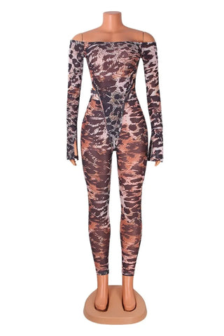 Leopard Print Sexy Hot Leopard Print Backless Off Shoulder Long Sleeve Two Pieces