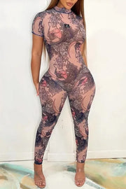 Purple Sexy Casual Print See-through Backless Half A Turtleneck Skinny Jumpsuits