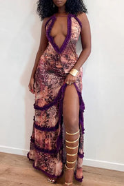 Elegant Print Hollowed Out Patchwork See-through High Opening Mesh Spaghetti Strap Sling Dresses