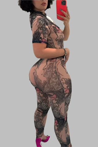 Purple Sexy Casual Print See-through Backless Half A Turtleneck Skinny Jumpsuits