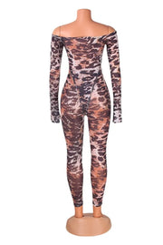 Leopard Print Sexy Hot Leopard Print Backless Off Shoulder Long Sleeve Two Pieces