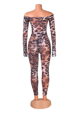 Leopard Print Sexy Hot Leopard Print Backless Off Shoulder Long Sleeve Two Pieces
