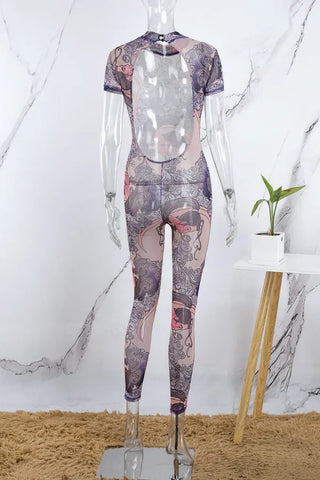 Purple Sexy Casual Print See-through Backless Half A Turtleneck Skinny Jumpsuits