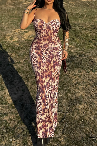 Elegant Leopard Print Patchwork Spaghetti Strap Long Dresses
