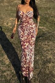 Elegant Leopard Print Patchwork Spaghetti Strap Long Dresses
