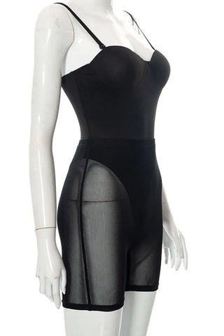 Black Sexy Solid Split Joint See-through Spaghetti Strap Sleeveless Two Pieces